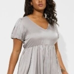 Satin V-Neck Puff Short Sleeve Blouse